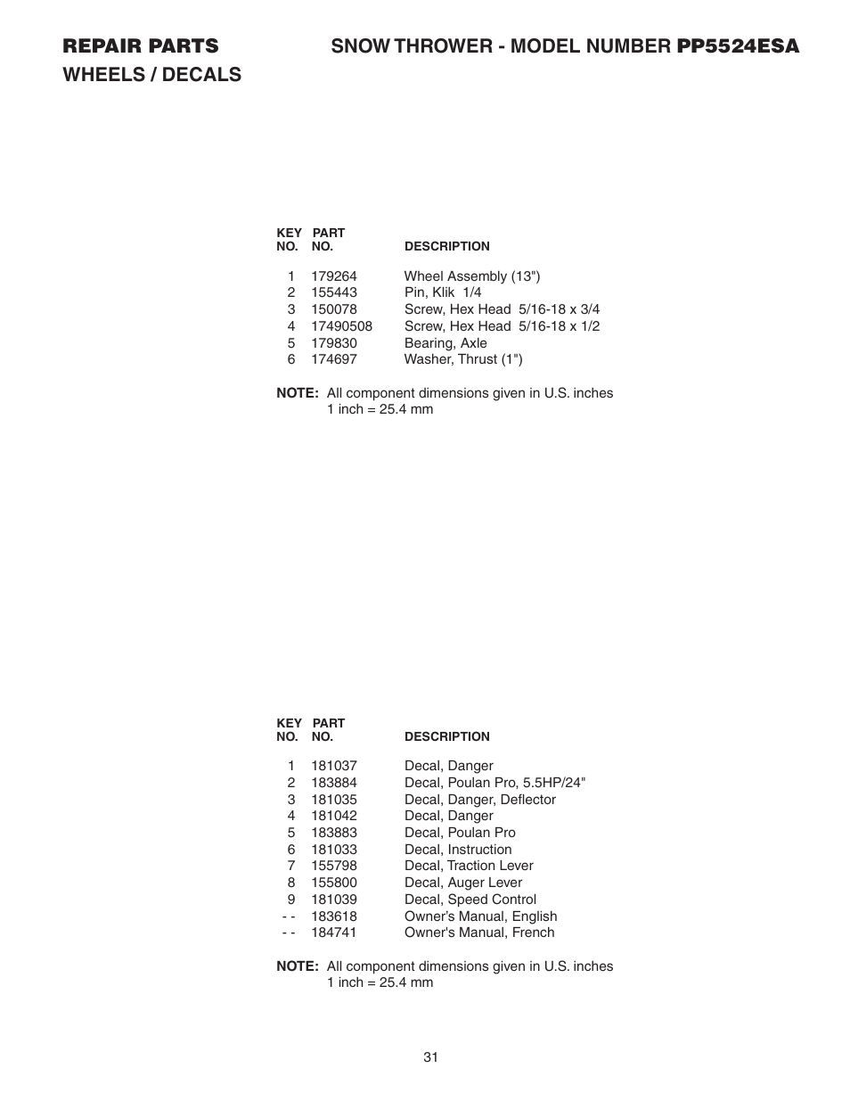 Poulan Pro PP5524ESA SNOW THROWER User Manual | Page 31 / 32