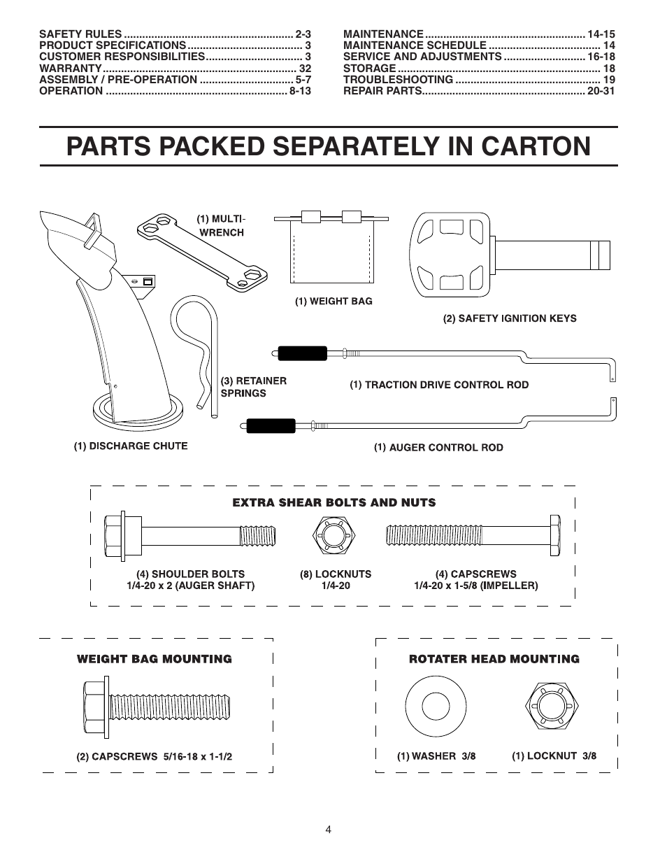 Parts packed separately in carton | Poulan Pro PP5524ESA SNOW THROWER User Manual | Page 4 / 32