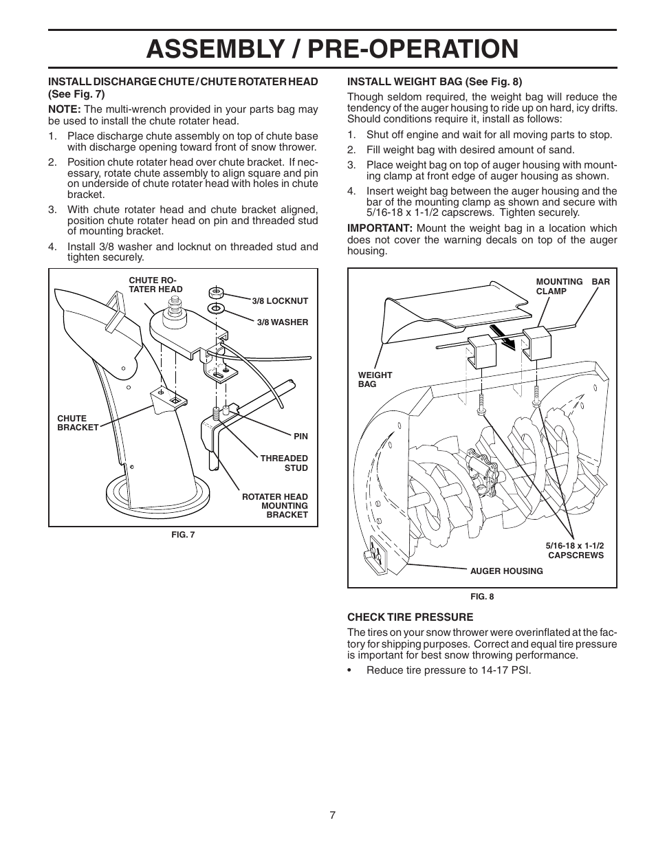 Assembly / pre-operation | Poulan Pro PP5524ESA SNOW THROWER User Manual | Page 7 / 32