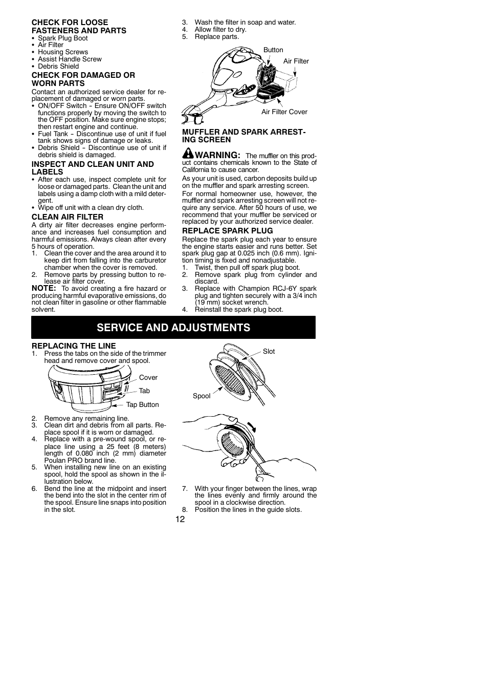 Service and adjustments, Warning | Poulan 545137276 User Manual | Page 12 / 16