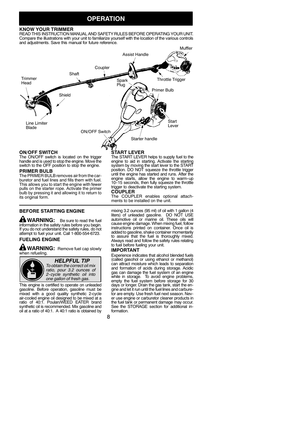 Operation, Warning, Helpful tip | Poulan 545137276 User Manual | Page 8 / 16