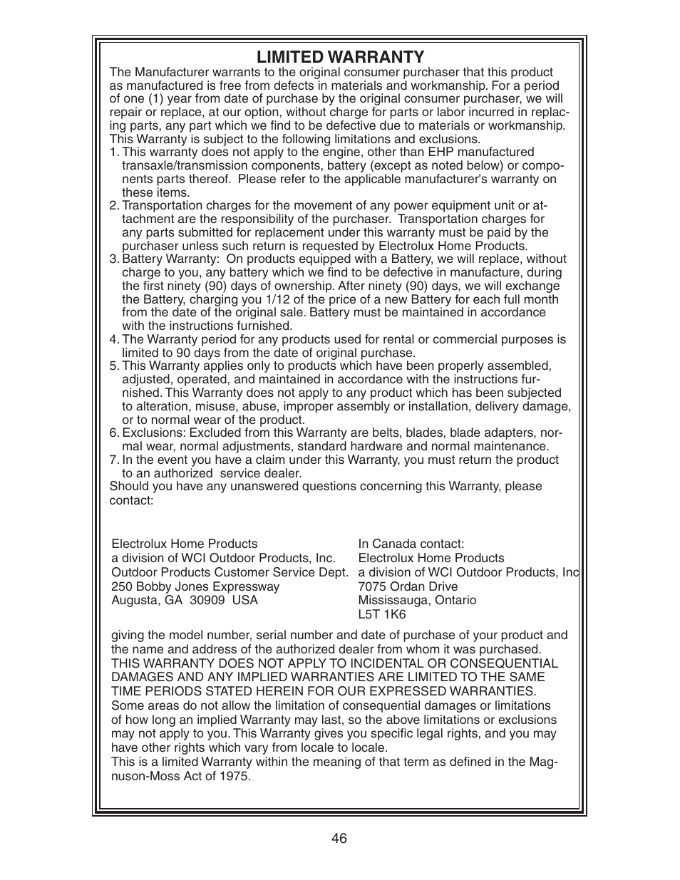 Limited warranty | Poulan 271491 User Manual | Page 29 / 31
