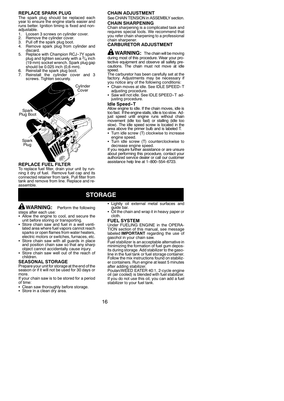 Storage, Warning | Poulan PP3816AV User Manual | Page 16 / 19