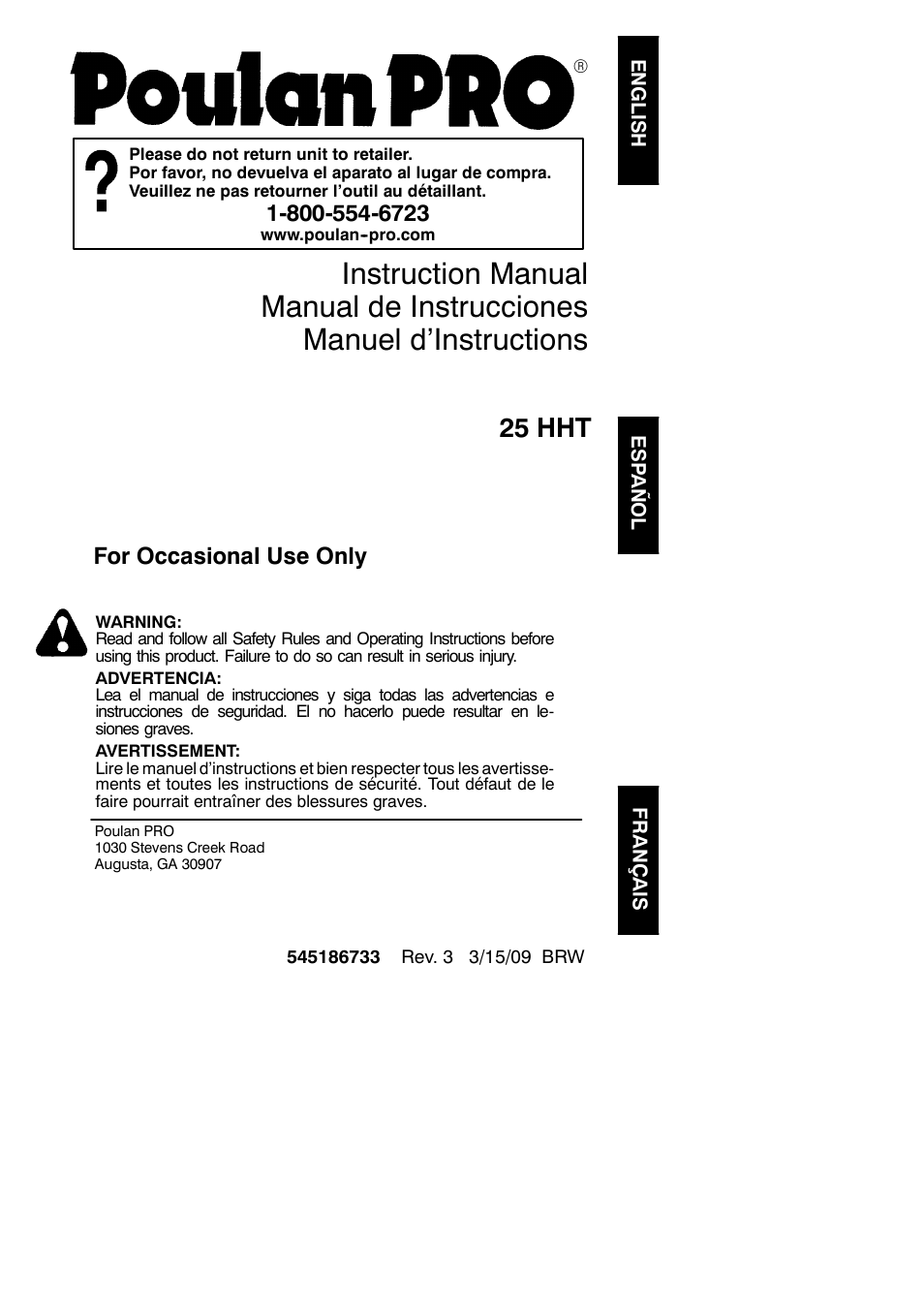 Poulan Pro 25 HHT User Manual | 11 pages