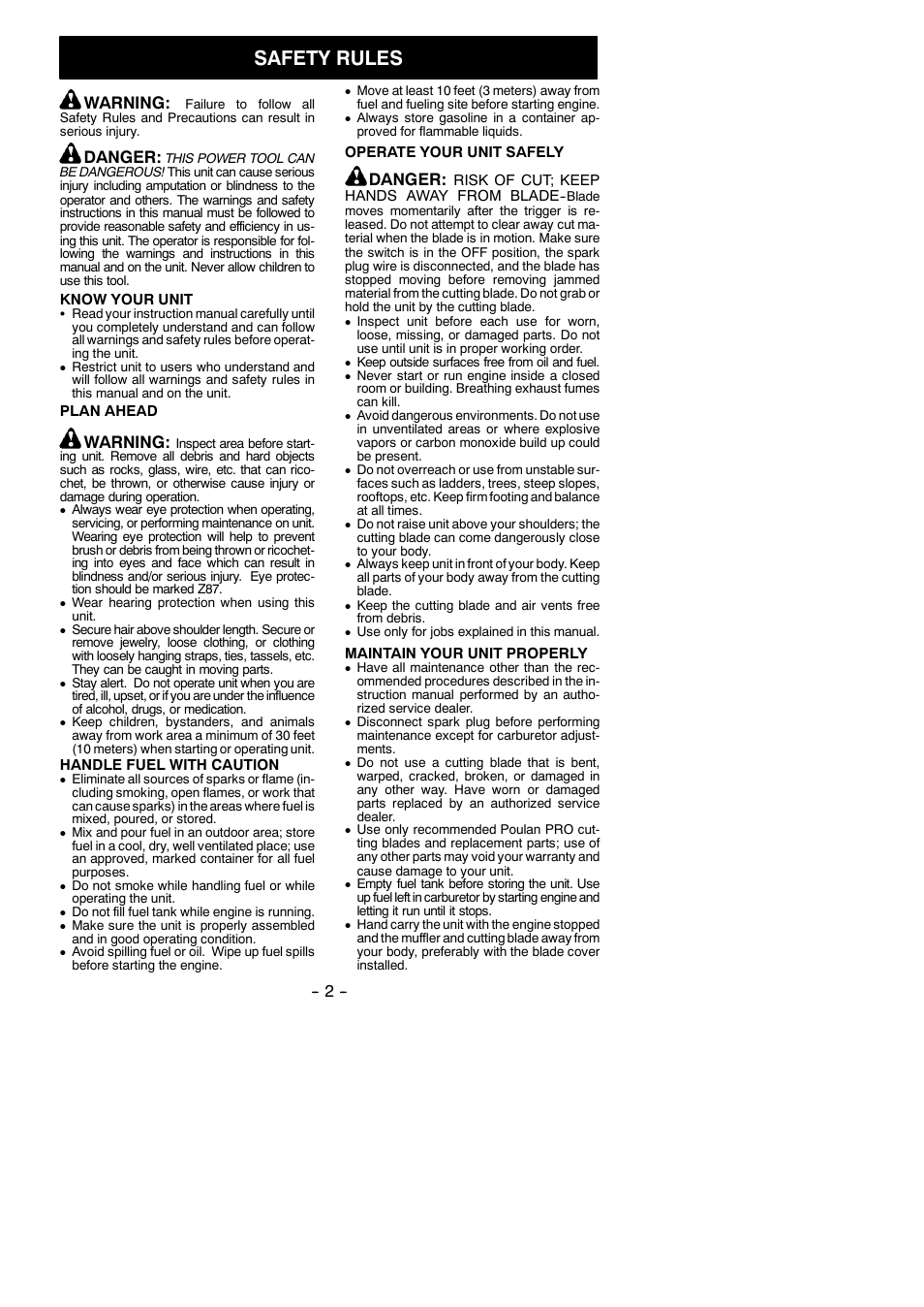 Safety rules, Warning, Danger | Poulan Pro 25 HHT User Manual | Page 2 / 11