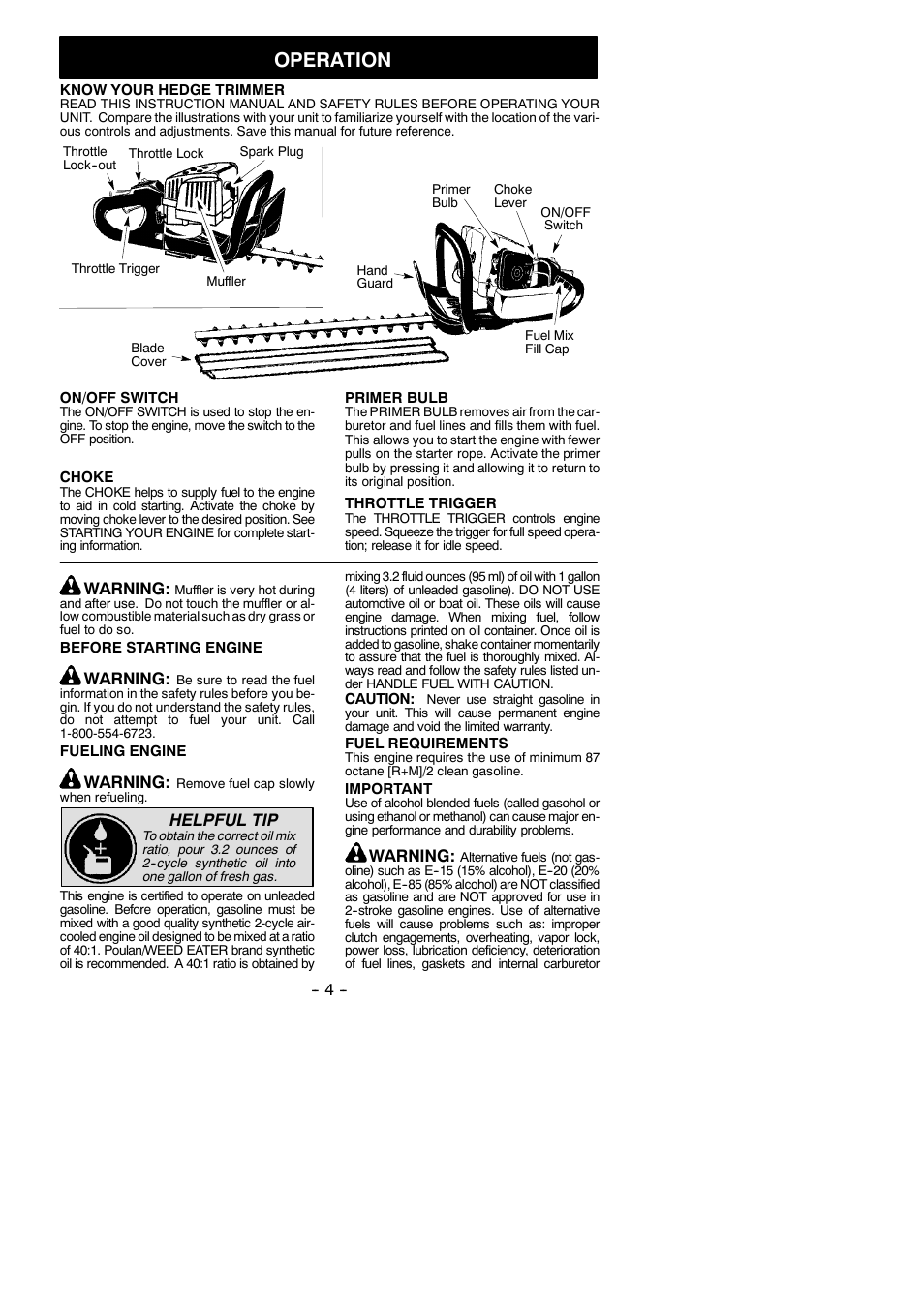 Operation, Warning, Helpful tip | Poulan Pro 25 HHT User Manual | Page 4 / 11