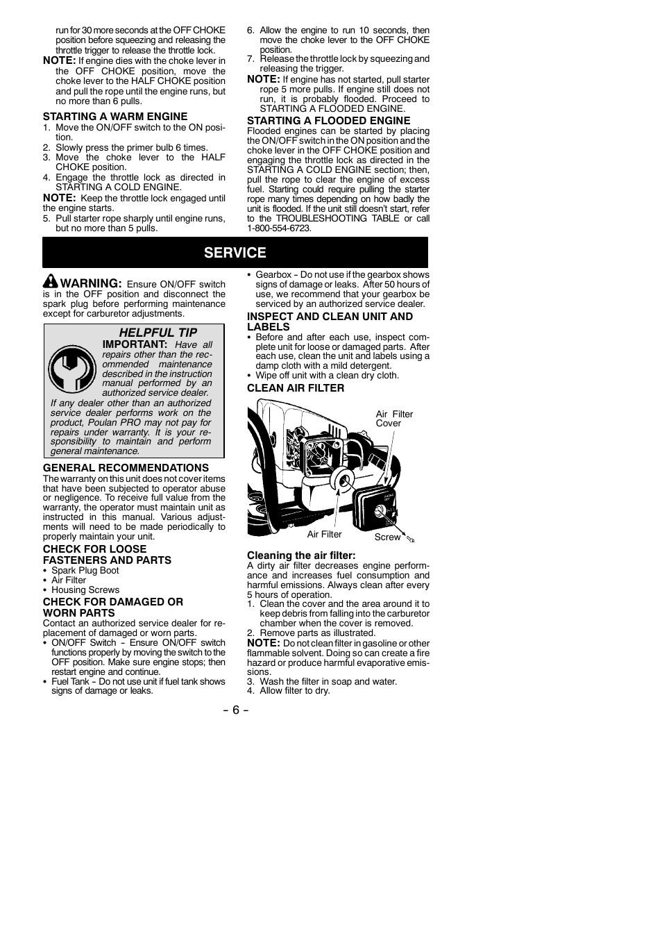 Service, Warning, Helpful tip | Poulan Pro 25 HHT User Manual | Page 6 / 11