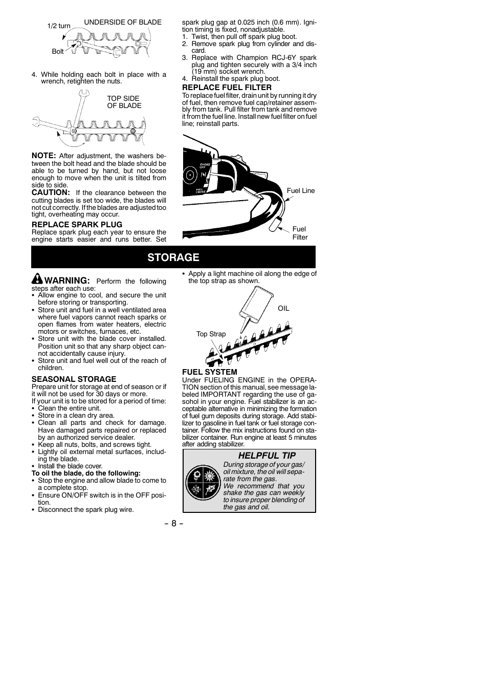 Storage, Warning, Helpful tip | Poulan Pro 25 HHT User Manual | Page 8 / 11