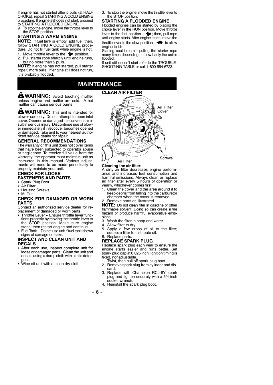 Maintenance, Warning | Poulan B1750 User Manual | Page 6 / 10