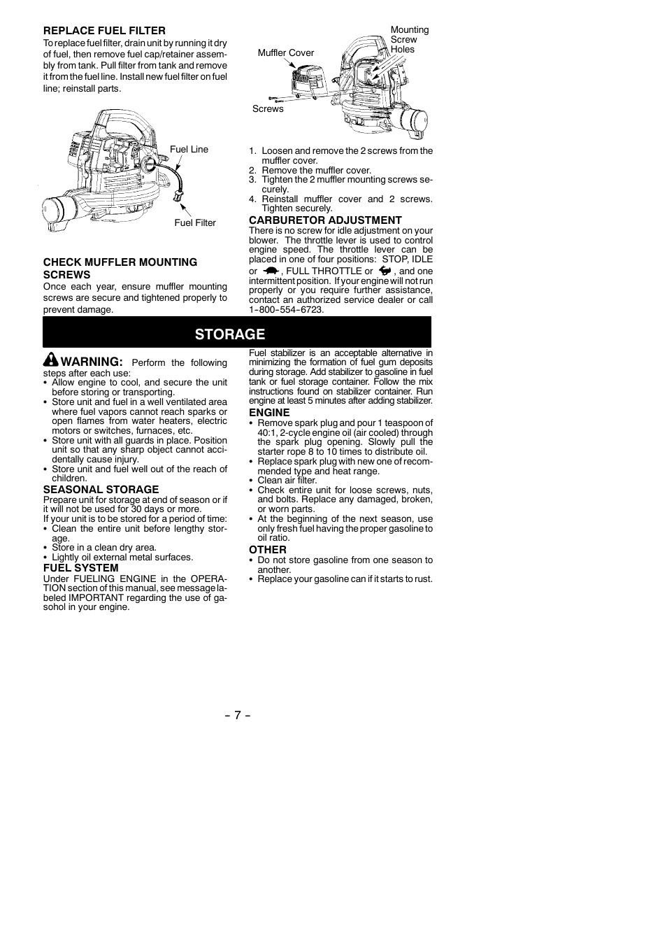 Storage, Warning | Poulan B1750 User Manual | Page 7 / 10