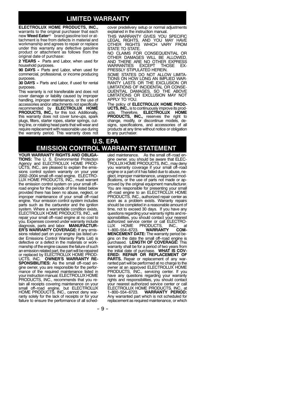 Limited warranty, U.s. epa emission control warranty statement | Poulan B1750 User Manual | Page 9 / 10