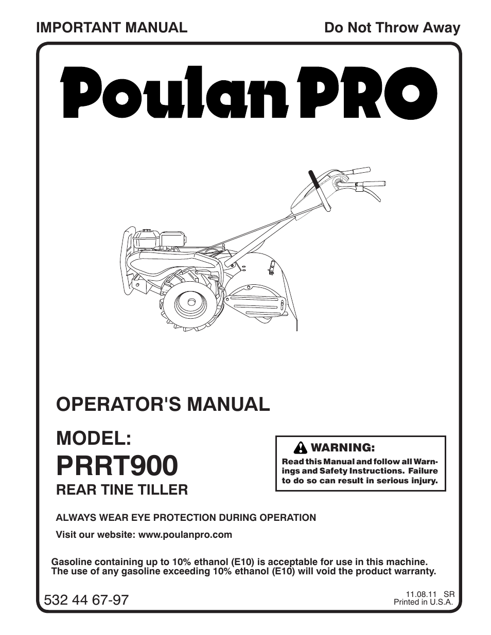 Poulan Pro PRRT900 REAR TINE TILLER User Manual | 20 pages