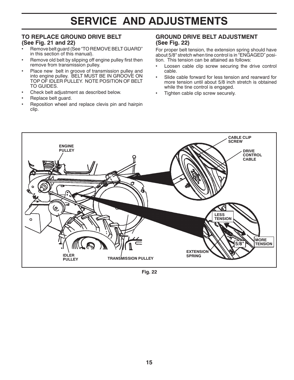 Service and adjustments | Poulan Pro PRRT900 REAR TINE TILLER User Manual | Page 15 / 20