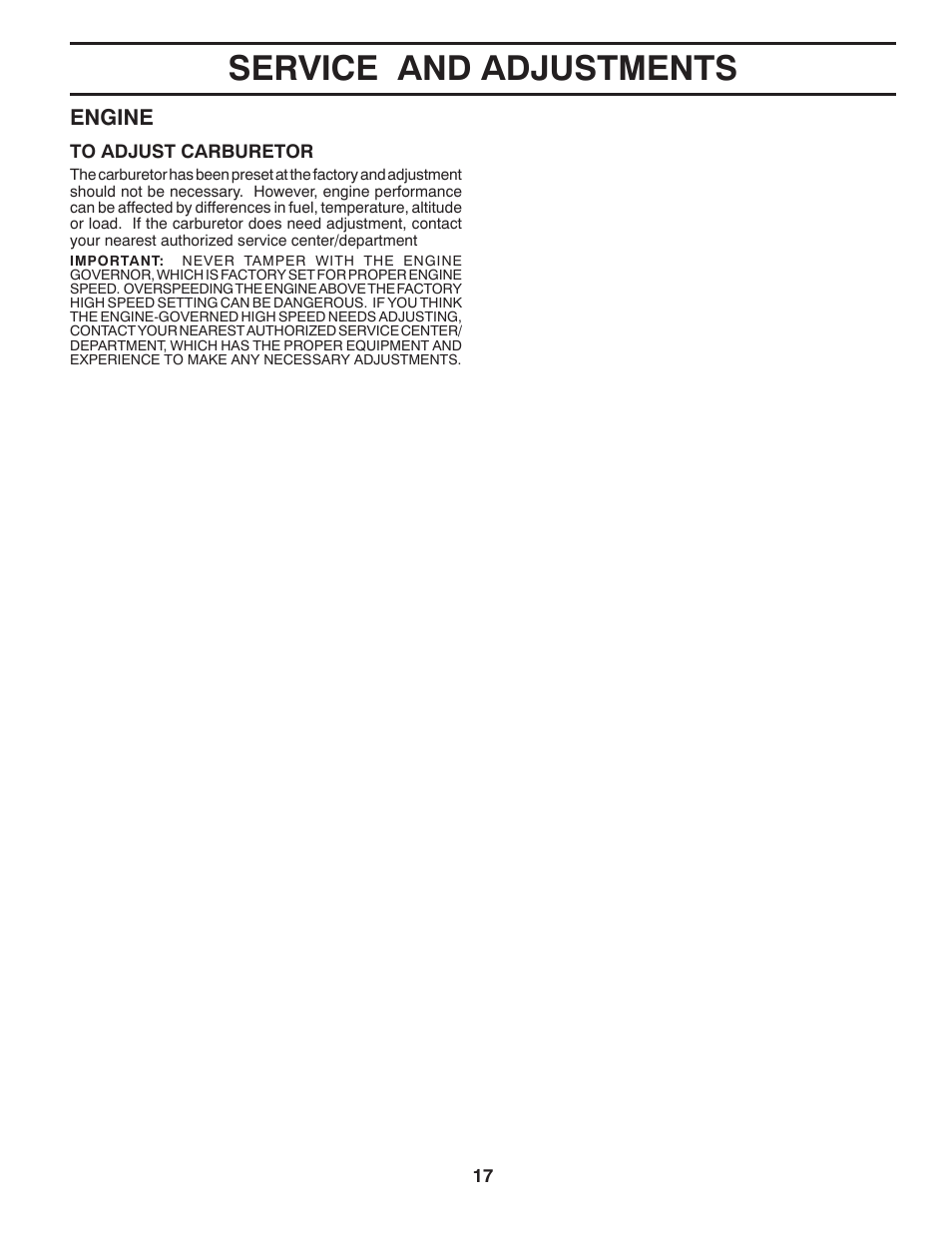 Service and adjustments, Engine | Poulan Pro PRRT900 REAR TINE TILLER User Manual | Page 17 / 20