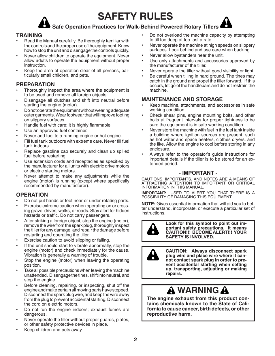 Safety rules, Warning | Poulan Pro PRRT900 REAR TINE TILLER User Manual | Page 2 / 20