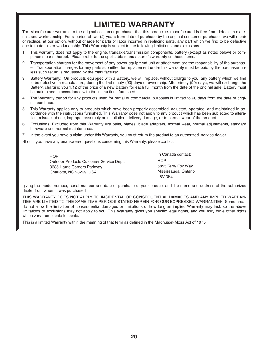 Limited warranty | Poulan Pro PRRT900 REAR TINE TILLER User Manual | Page 20 / 20