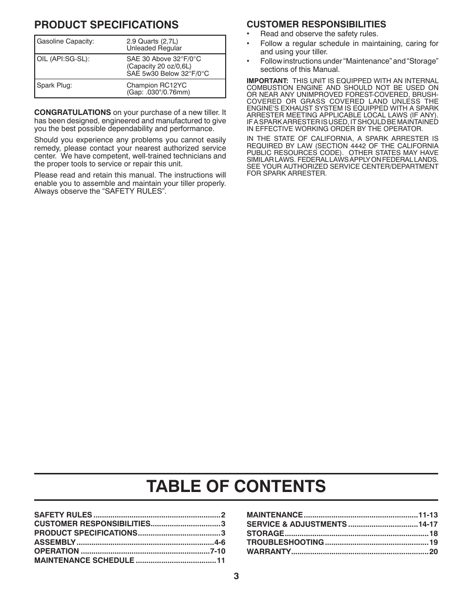 Poulan Pro PRRT900 REAR TINE TILLER User Manual | Page 3 / 20