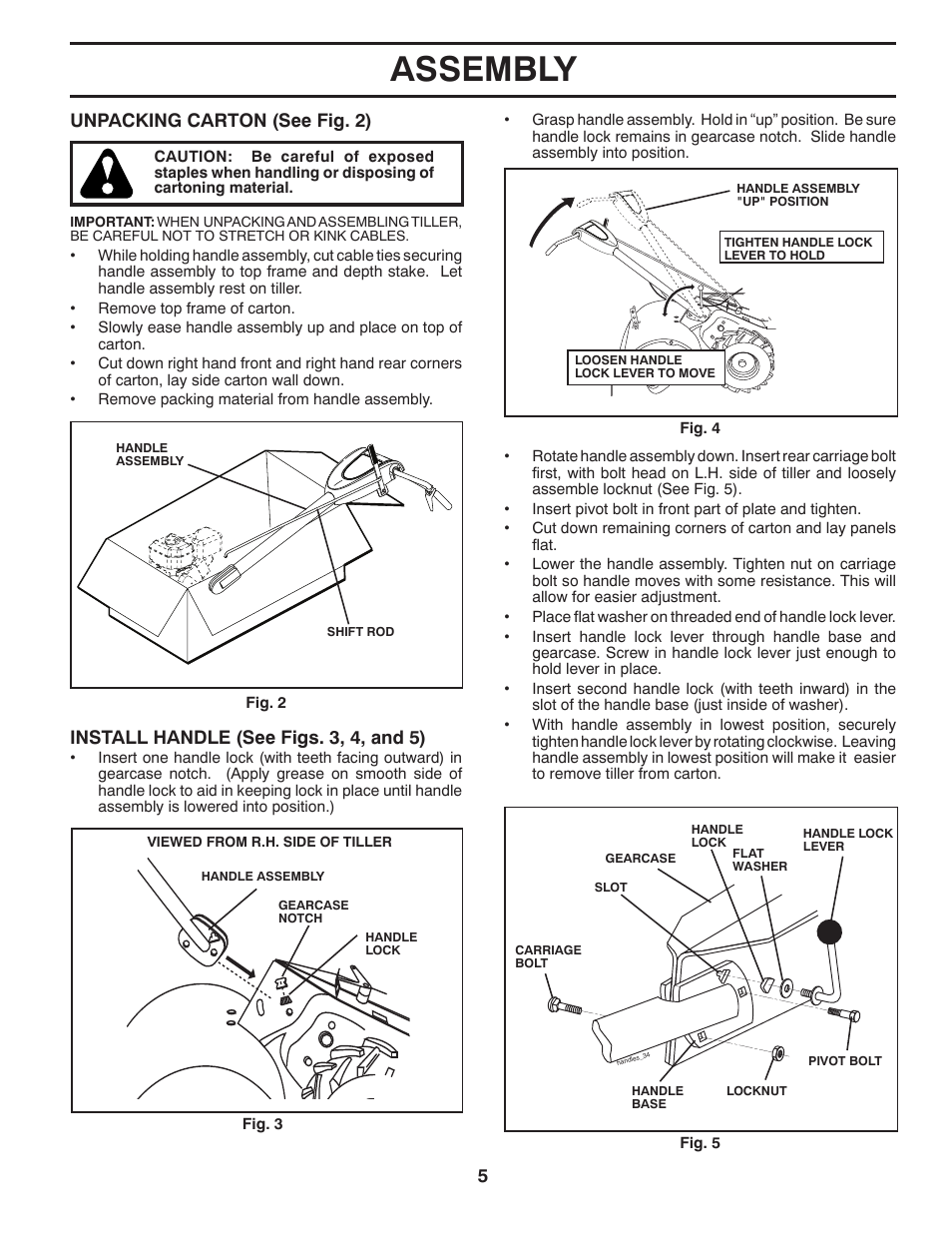 Assembly, Unpacking carton (see fig. 2), Install handle (see figs. 3, 4, and 5) | Poulan Pro PRRT900 REAR TINE TILLER User Manual | Page 5 / 20