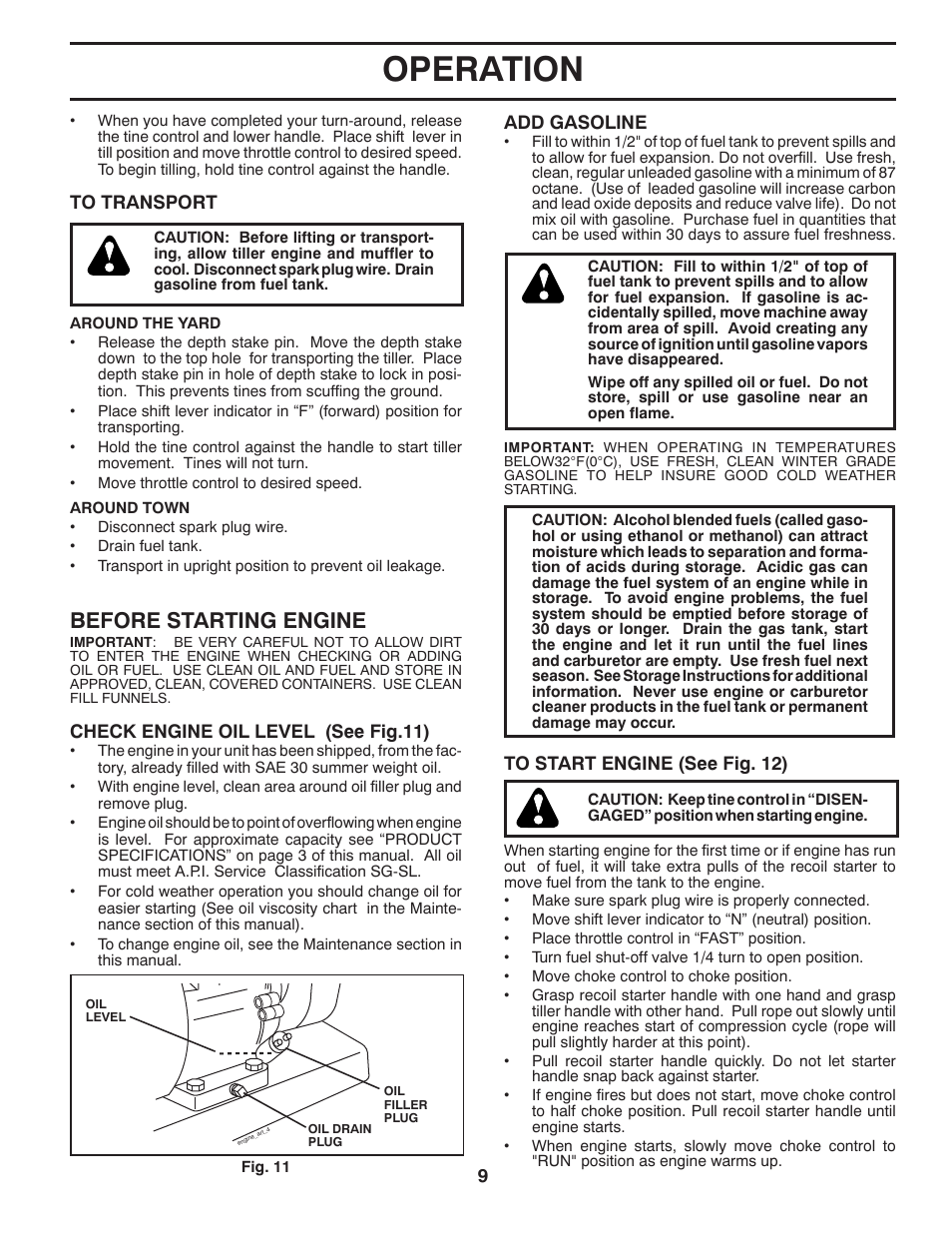 Operation, Before starting engine | Poulan Pro PRRT900 REAR TINE TILLER User Manual | Page 9 / 20