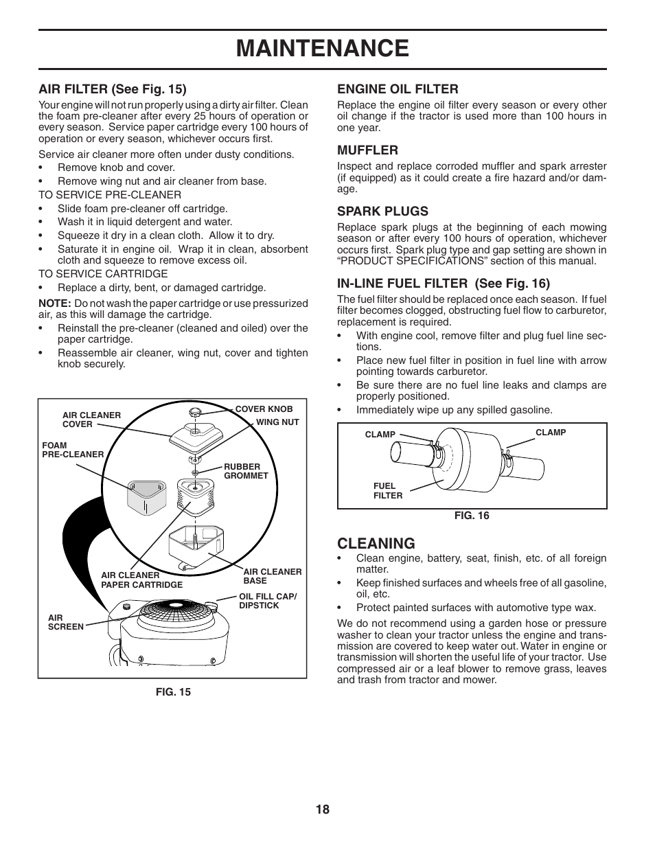 Maintenance, Cleaning | Poulan 184564 User Manual | Page 18 / 48