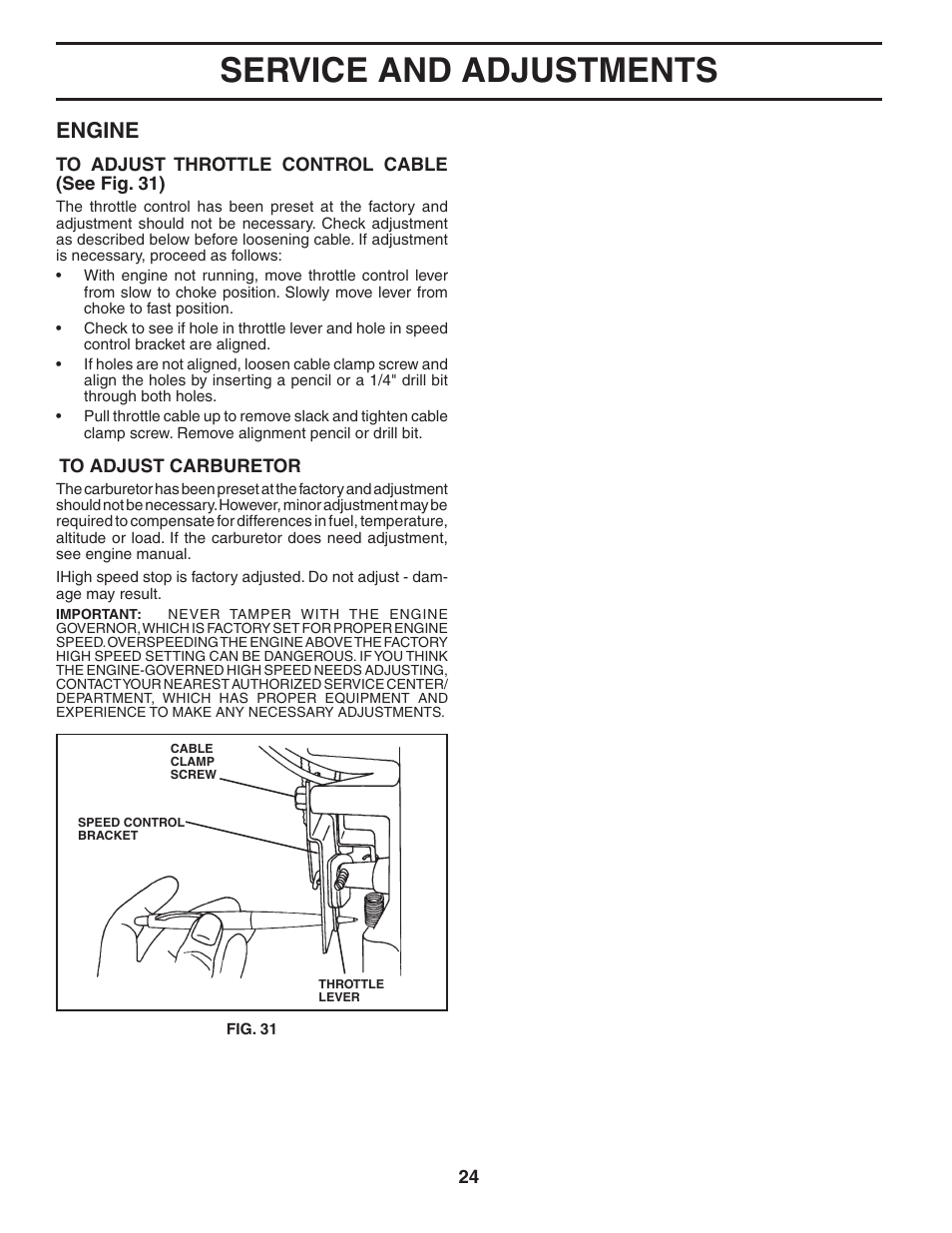 Service and adjustments, Engine | Poulan 184564 User Manual | Page 24 / 48