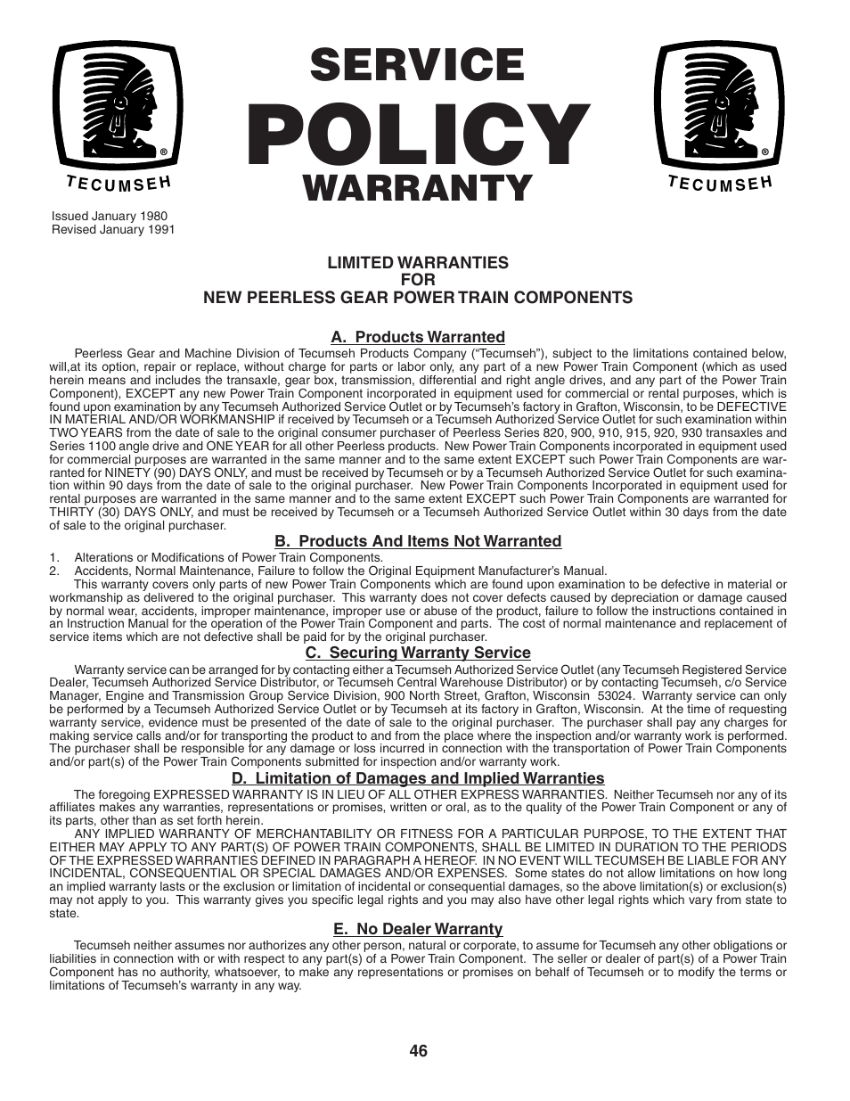 Policy, Service, Warranty | Poulan 184564 User Manual | Page 46 / 48