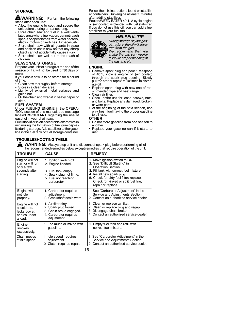 Warning, Helpful tip | Poulan Farmhand 2750 User Manual | Page 16 / 18