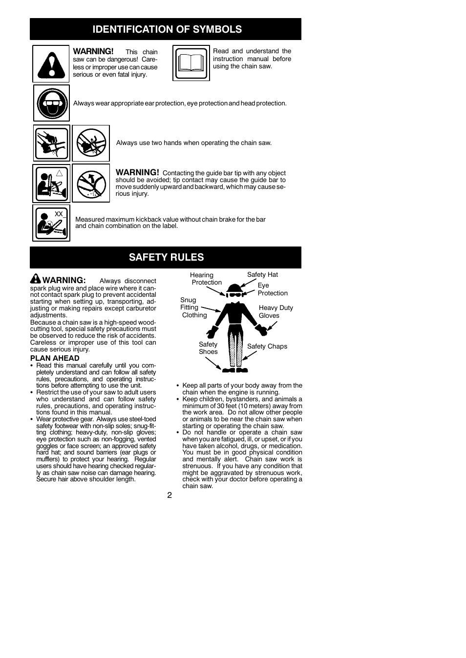 Identification of symbols, Safety rules, Warning | Poulan Farmhand 2750 User Manual | Page 2 / 18