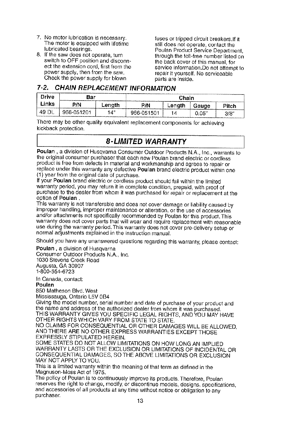 Chain replacement information, Limíted warranty | Poulan PLN1514 User Manual | Page 13 / 13