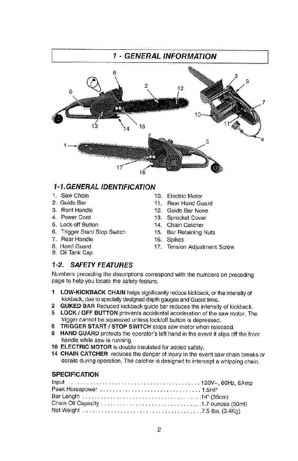 1 - general information 1-1,general identification, 2. safety features, Specification | Poulan PLN1514 User Manual | Page 2 / 13