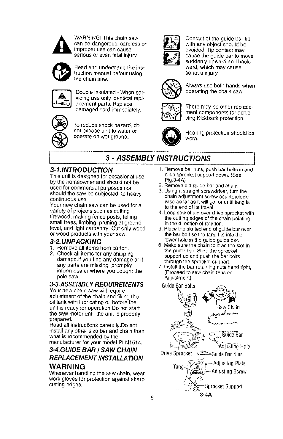 Assembly instructions 3-1.introduction, 2.unpacking, 3.assembly requirements | 4.guide bar f saw chain replacement installation, Warning, Y^^sprocket support | Poulan PLN1514 User Manual | Page 6 / 13