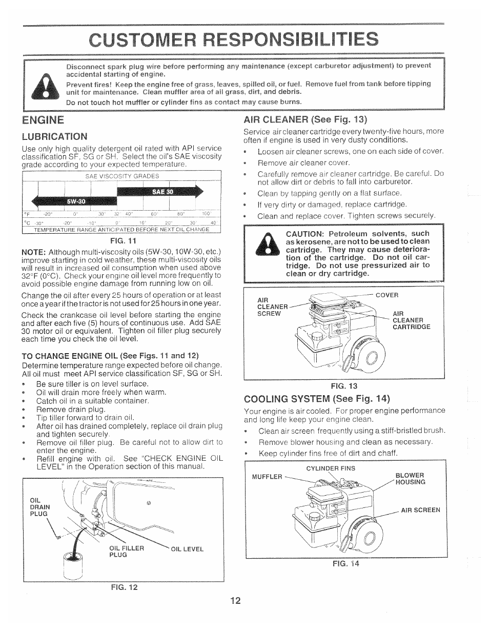 Engine, Air cleaner (see fig. 13), Cooling system (see fig. 14) | Customer responsibilities | Poulan 163760 User Manual | Page 12 / 24