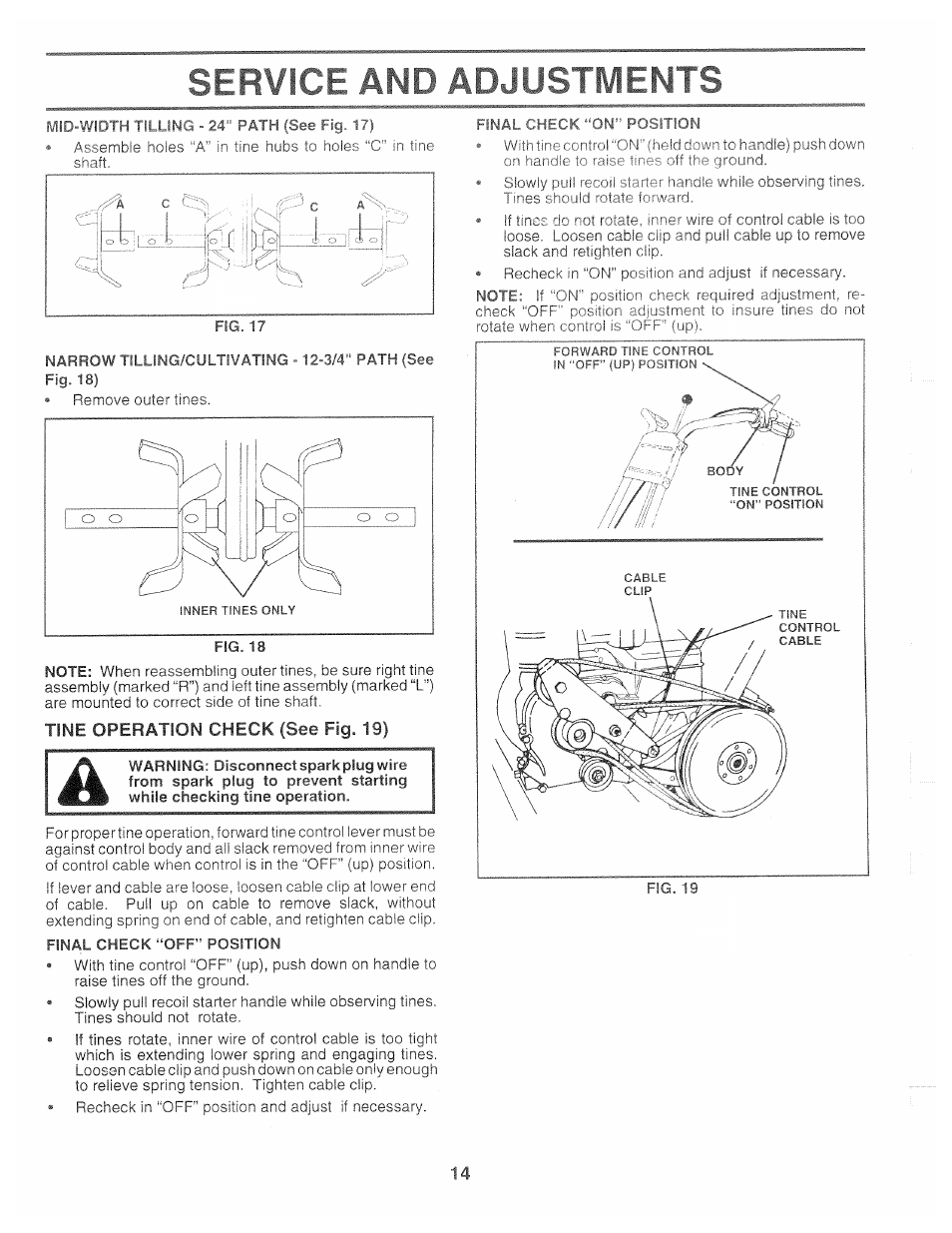 Tine operation check (see fig. 19), Service and adjustments | Poulan 163760 User Manual | Page 14 / 24