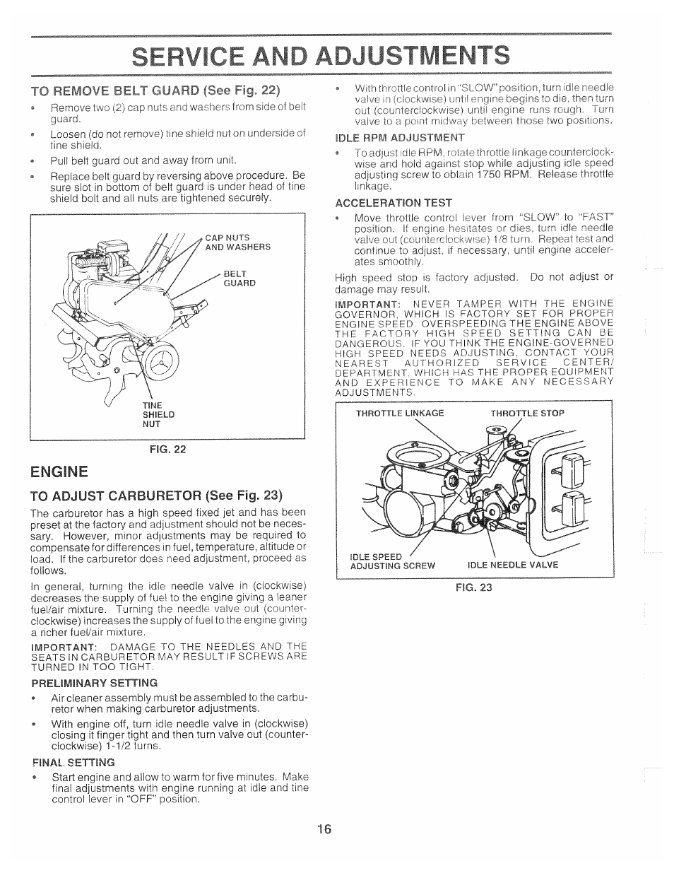 To adjust carburetor (see fig. 23), Service and adjustments, Engine | Poulan 163760 User Manual | Page 16 / 24