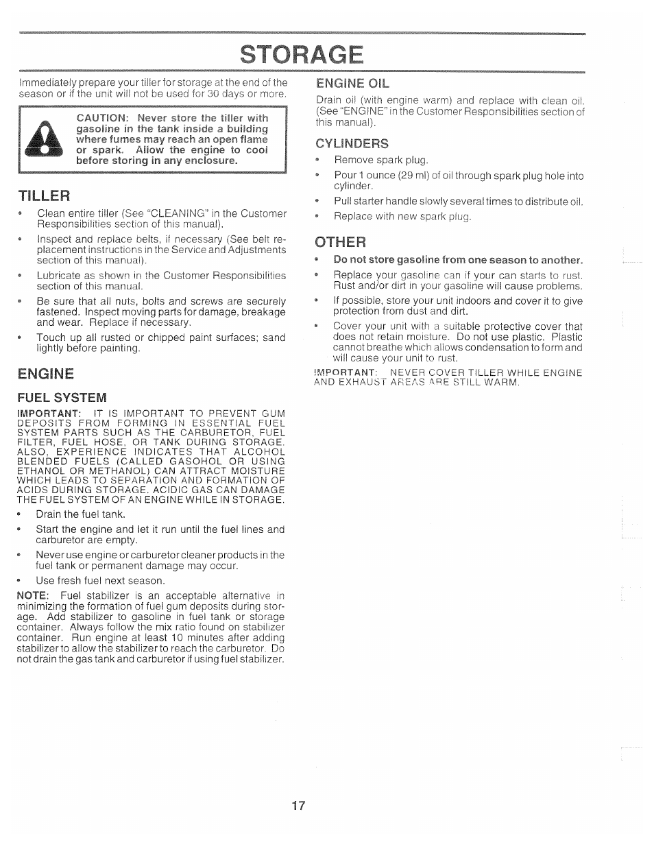 Storage, Tiller, Engine | Fuel system, Engine oil, Other | Poulan 163760 User Manual | Page 17 / 24