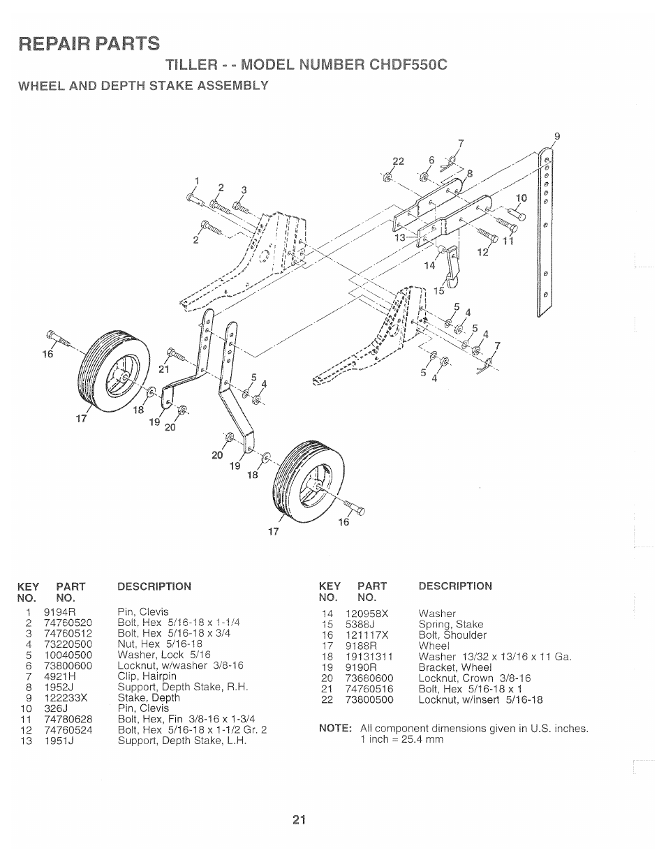 Tiller - - mqlh iti^ber chdf550c, Wheel and depth stake assembly, Repair parts | Tiller, Iti^ber chdf550c, M q l h | Poulan 163760 User Manual | Page 21 / 24