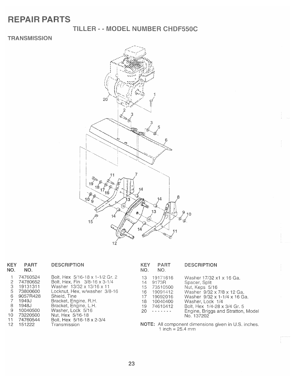Tiller ^ - model numbfr, ' j4^/l550c, Repair parts | Poulan 163760 User Manual | Page 23 / 24