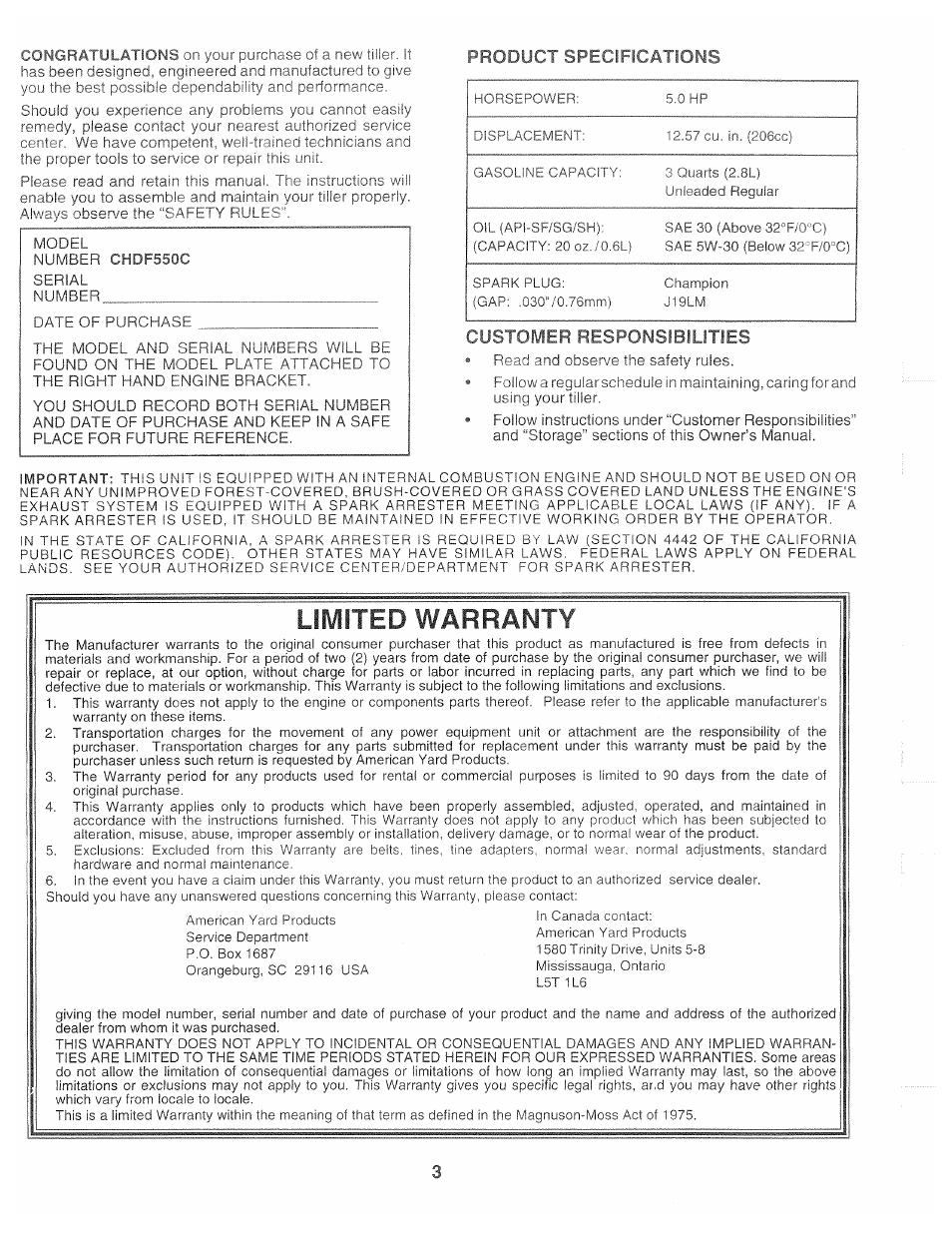 Limited warranty, Product specifications, Customer responsibiuties | Poulan 163760 User Manual | Page 3 / 24