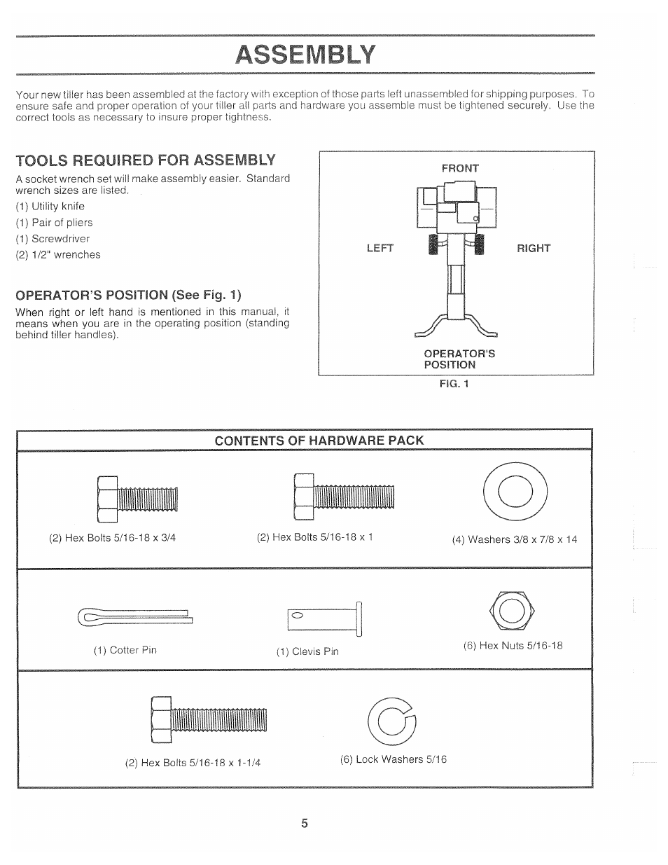 Assembly, Tools required for assembly, Contents of hardware pack | Poulan 163760 User Manual | Page 5 / 24