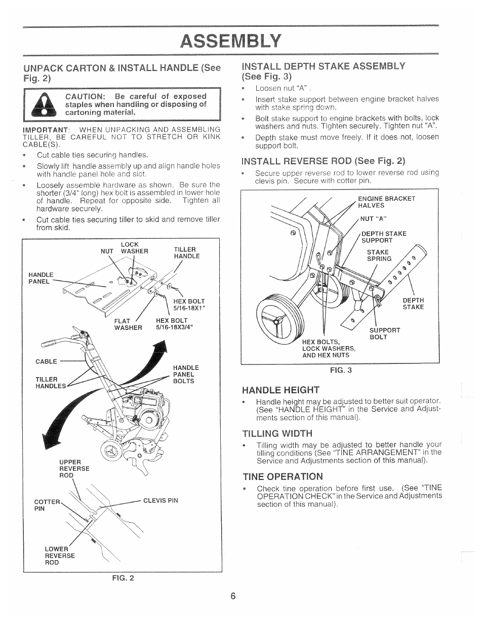 Assembly, Unpack carton & install handle (see, Imi taol depth stake assembly (see fig. 3) | Install reverse rod (see fig. 2), Handle height, Tilling width, Tine operation | Poulan 163760 User Manual | Page 6 / 24