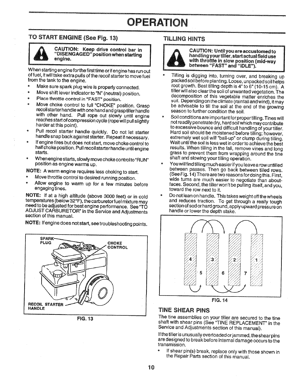 To start engine (see fig. 13), Tilling hints, Tine shear pins | Operation | Poulan 172487 User Manual | Page 10 / 28