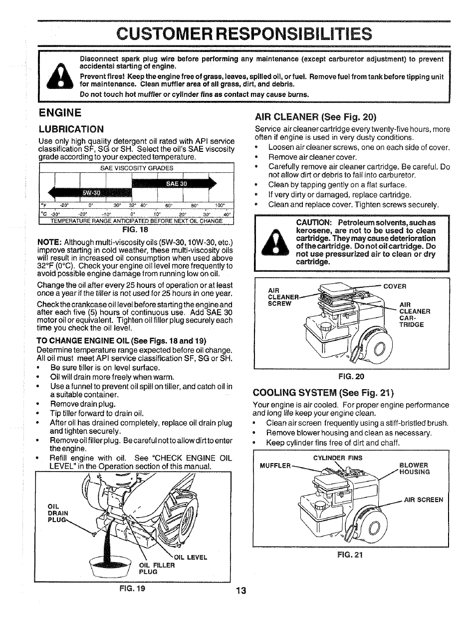 Lubrication, Air cleaner (see fig. 20), Cooling system (see fig. 21) | Customer responsibilities, Engine | Poulan 172487 User Manual | Page 13 / 28