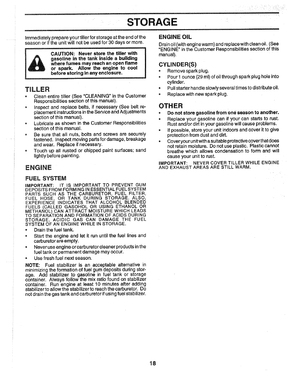 Fuel system, Engine oil, Cylinder(s) | Storage, Tiller, Engine | Poulan 172487 User Manual | Page 18 / 28