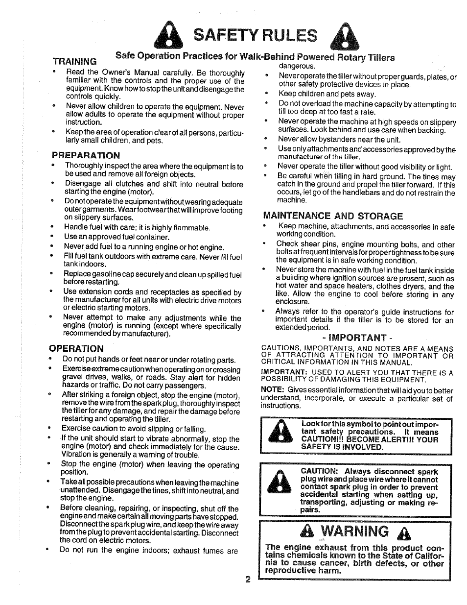 Preparation, Operation, Maintenance and storage | Important, Safety rules, Warning | Poulan 172487 User Manual | Page 2 / 28