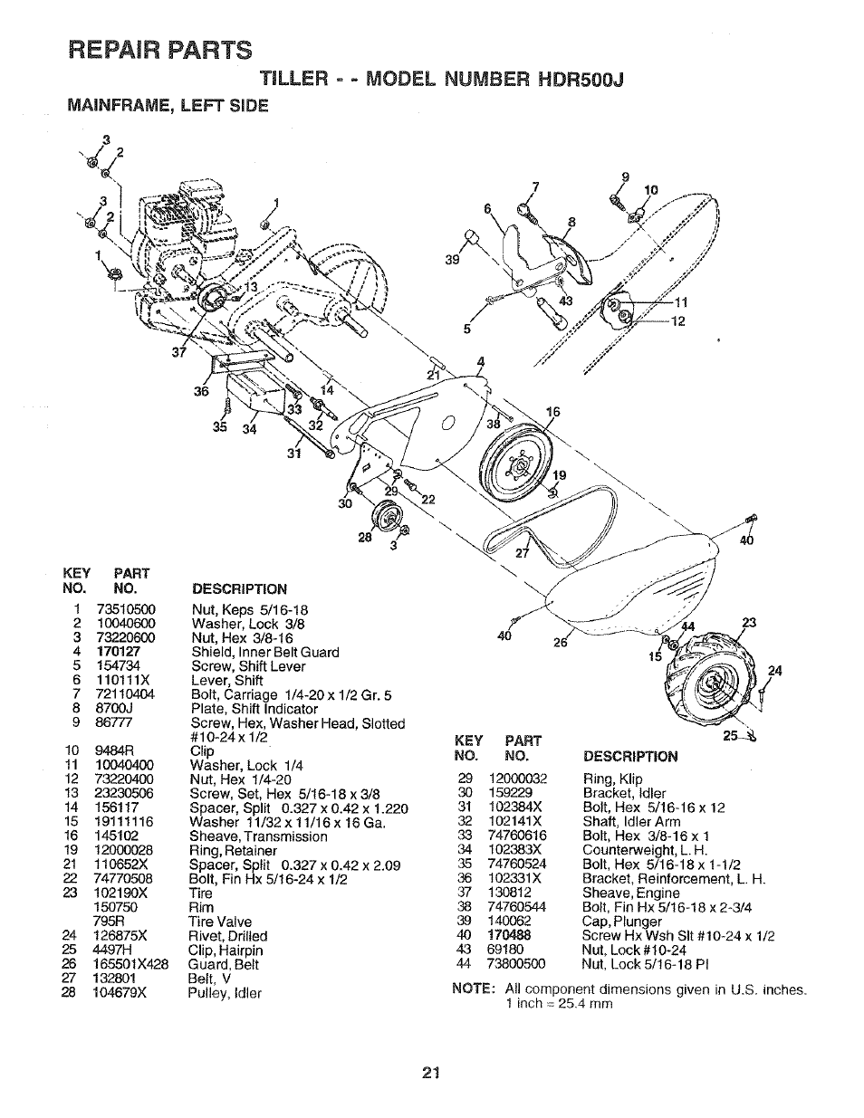 Mainframe, left side, Repair parts, Tiller - - model number hdr500j | Poulan 172487 User Manual | Page 21 / 28