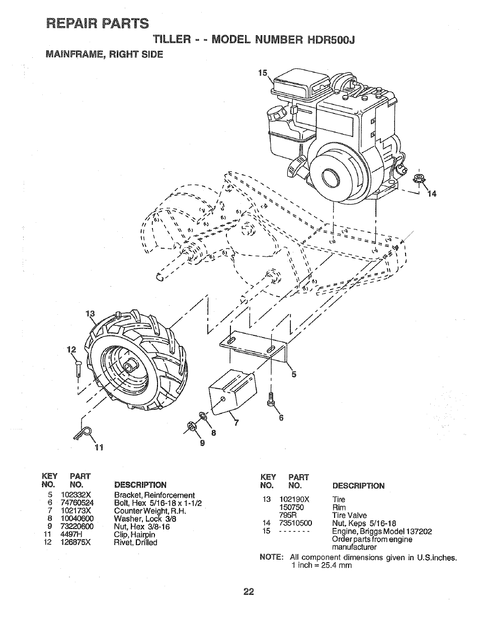 Maimframe, right side, Part, Description | Key part no. no, Repair parts, Tiller - « model number hdr50oj | Poulan 172487 User Manual | Page 22 / 28