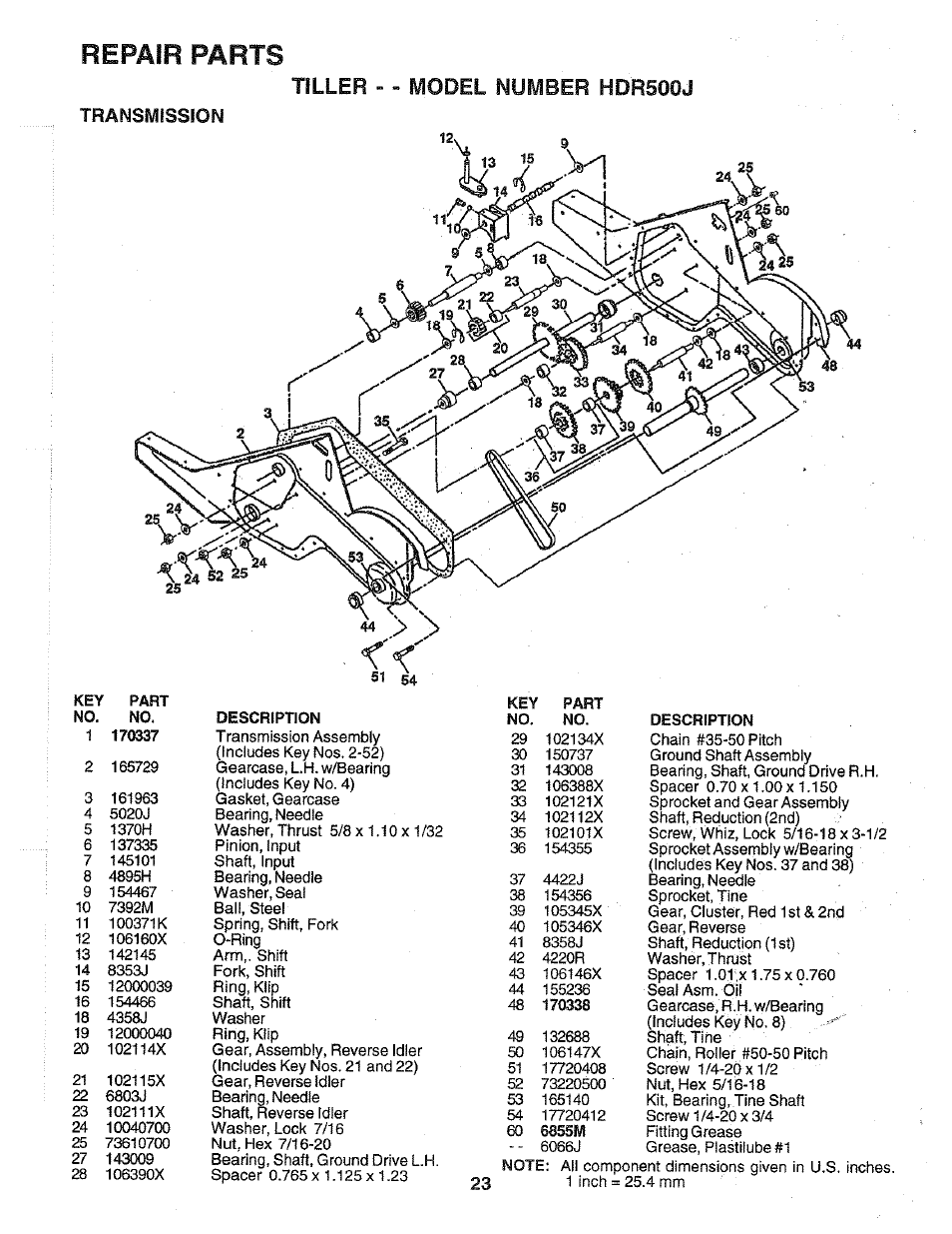 Transmission, Repair parts, Tiller - - model number hdr500j | Poulan 172487 User Manual | Page 23 / 28