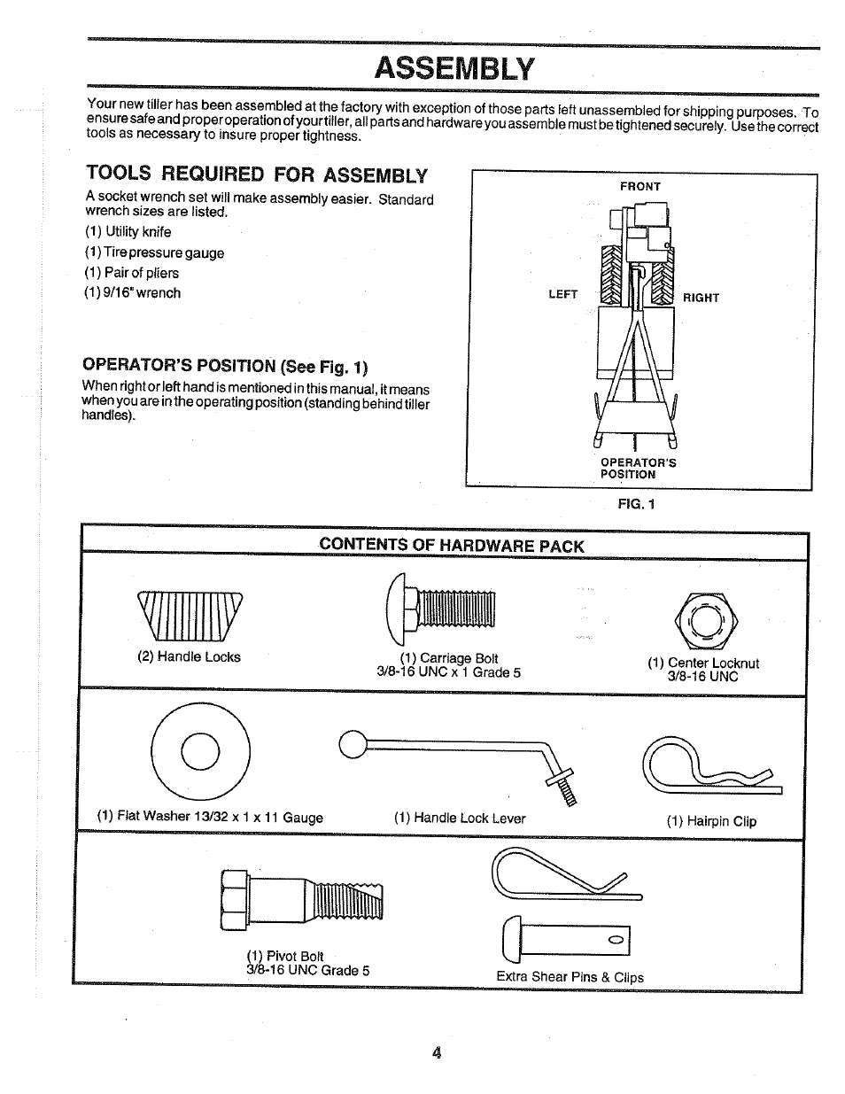 Operator’s positton (see fig. 1), Contents of hardware pack, Assembly | Poulan 172487 User Manual | Page 4 / 28