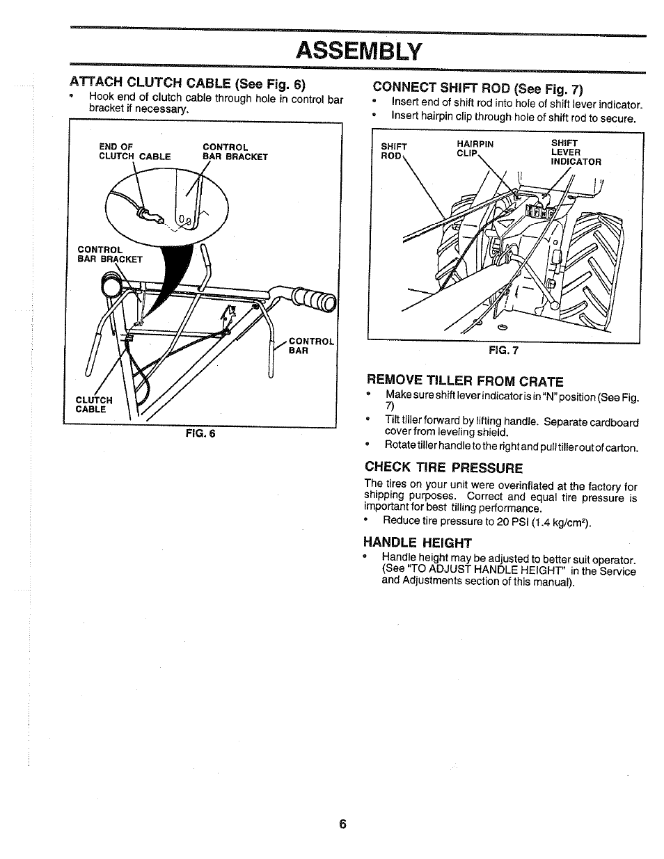 Connect shift rod (see fig. 7), Remove tiller from crate, Check tire pressure | Handle height, Assembly | Poulan 172487 User Manual | Page 6 / 28