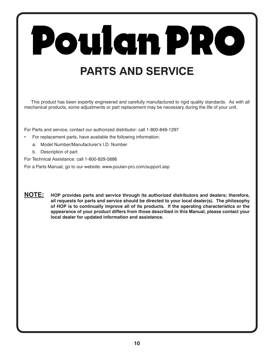 Parts and service | Poulan Pro Rear Tine RT900 User Manual | Page 10 / 10